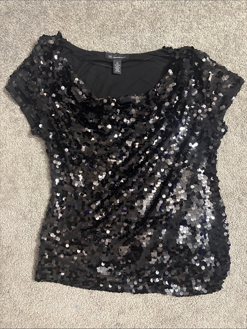 INC International Concepts Black Sequin Short Sleeve Top